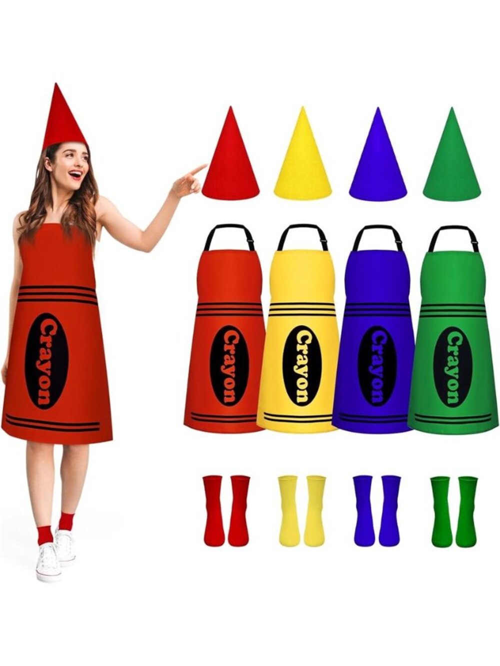 4 Set Color Crayon Apron and Funny Gnome Cone Hats for Costume Set